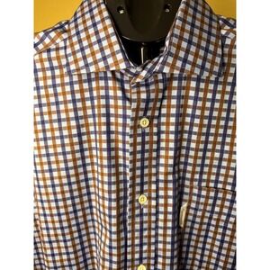 Faconnable Mens 16R Blue Brown Check Cotton Button Down Shirt Made in USA 4